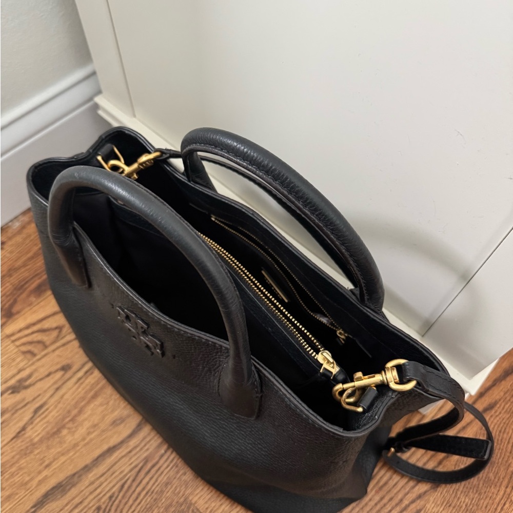Tory Burch McGraw Triple Compartment Leather Satchel Black gold hardware - Picture 4 of 5